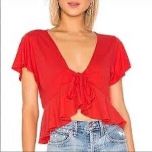 We The Free Red Tie Front Flutter Sleeve Peplum Crop Top S
